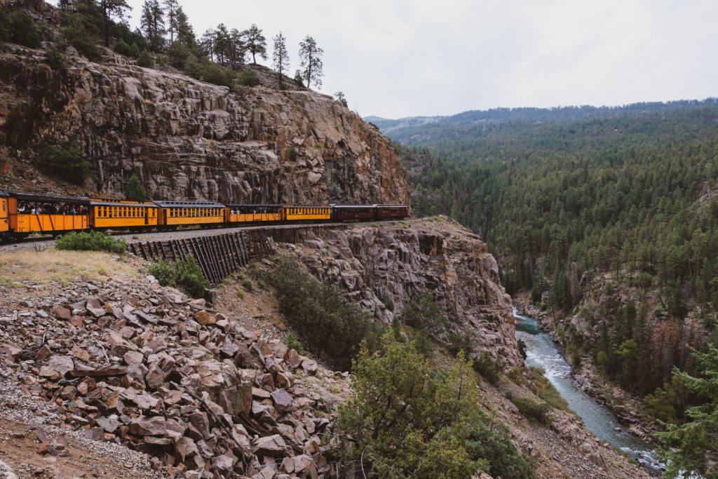 Durango & Silverton Narrow Gauge Railroad train above the Animas River canyon