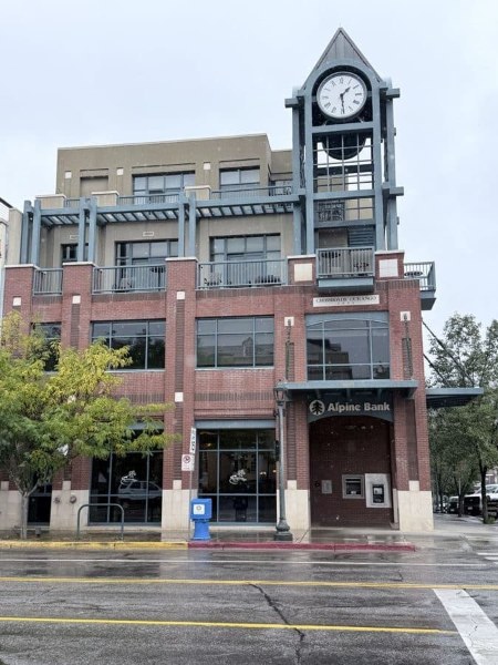 Crossroads building with clock tower at 1099 Main Ave, Durango, home of Animas Mountain Mortgage, Suite 305
