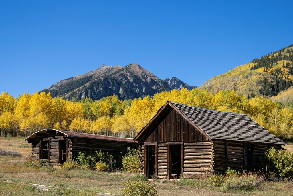 Log cabins in the Colorado mountains in fall