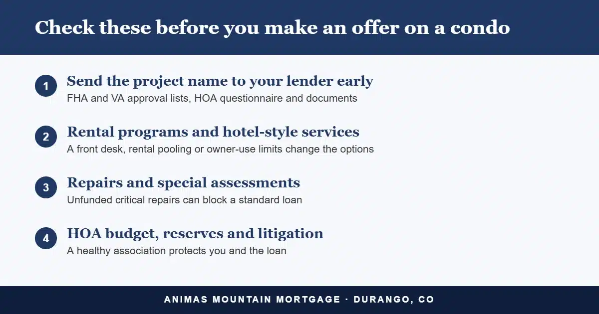 Checklist of what lenders review on a Durango condo project